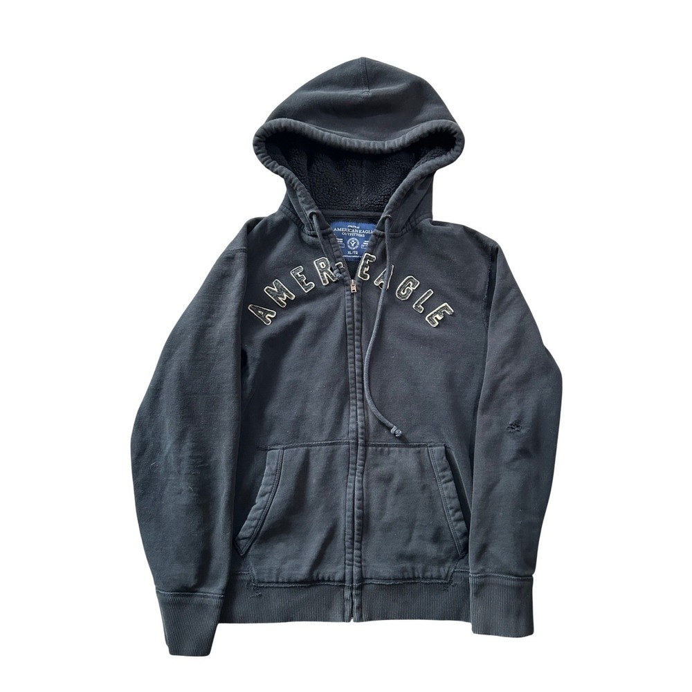 American Eagle Mens XL Zip Up Hoodie Sherpa Lined Hood Faded Grunge Distressed